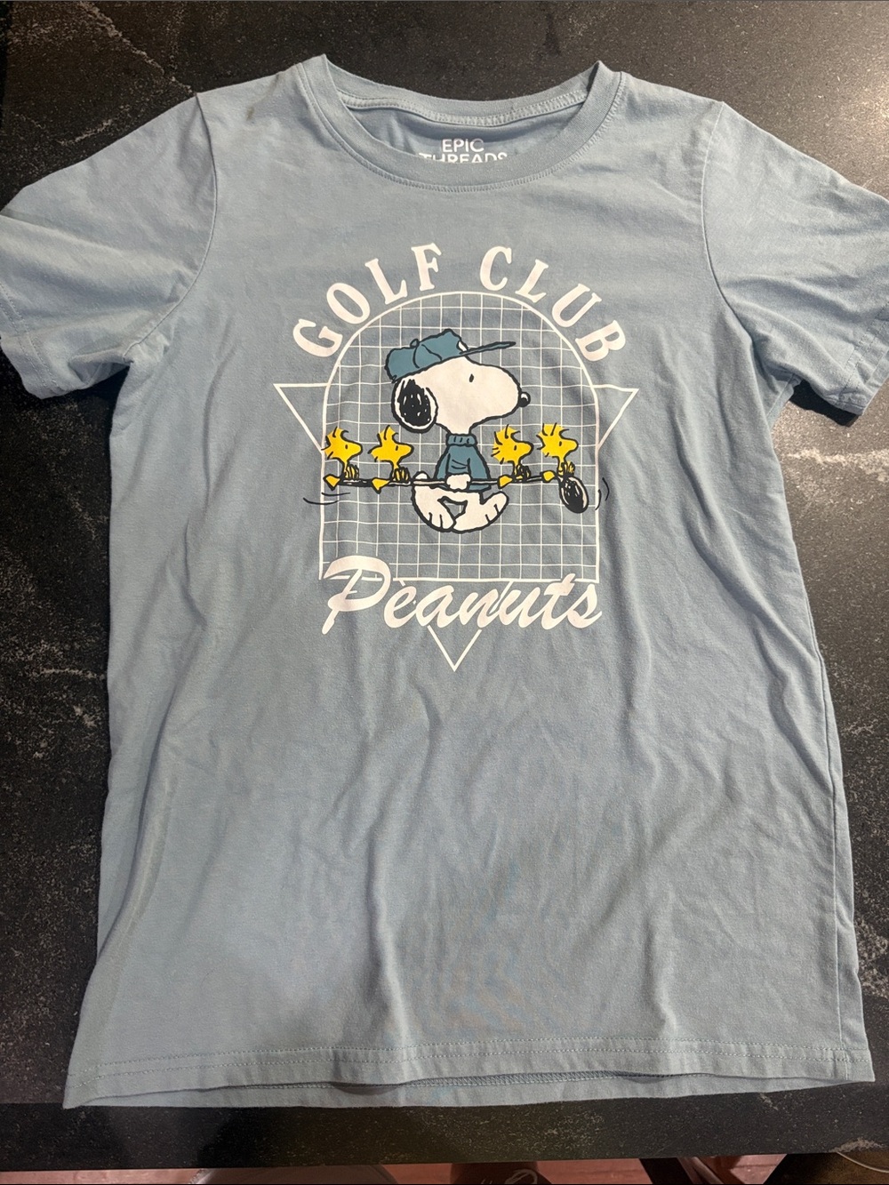 Epic Threads Light Blue Peanuts Golf Club Tee with Yellow Accents
